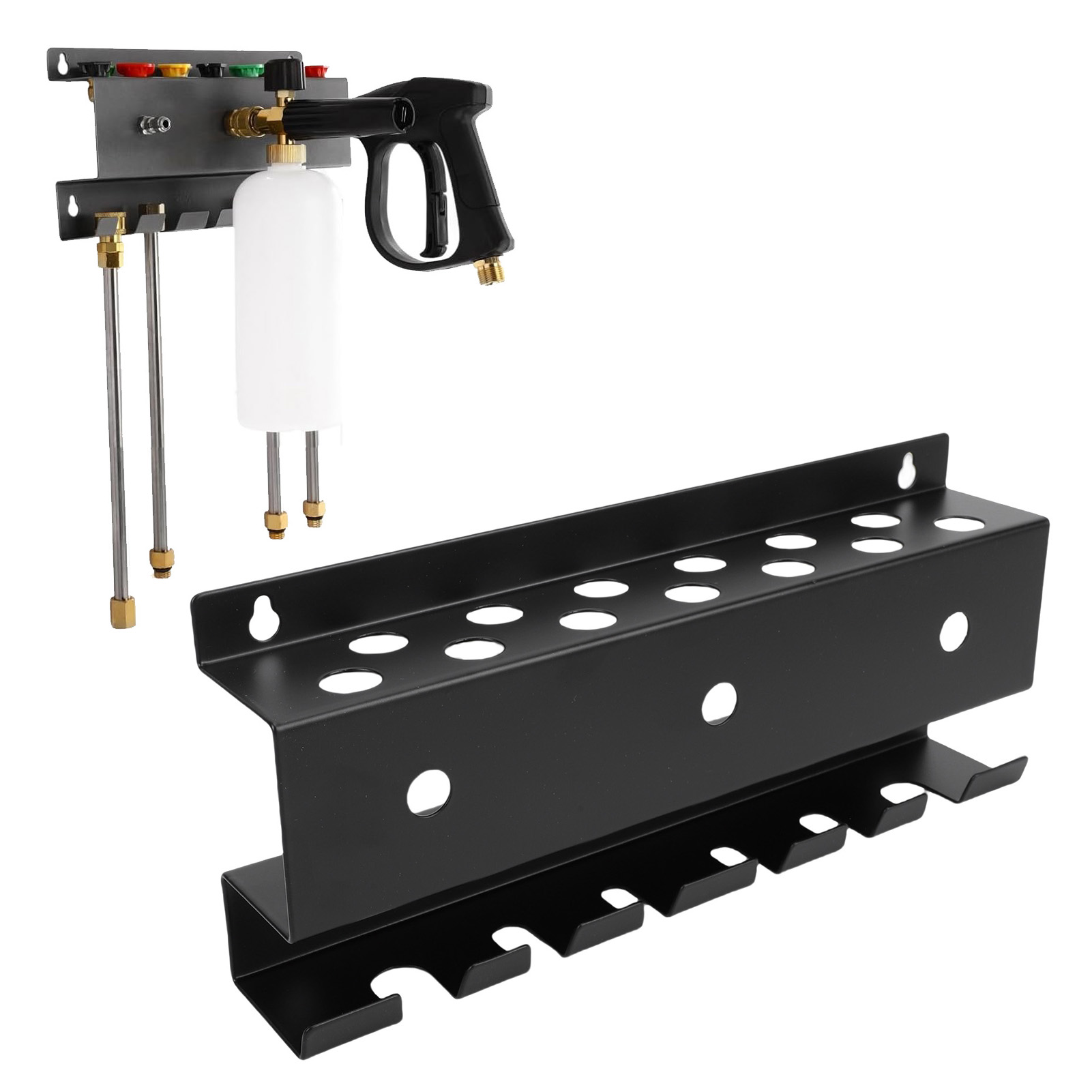 Pressure Washer Foam Gun - ที่ยึดปืนฉีดน้ำแรงดันสูงแบบติดผนัง พร้อมที่เก็บหัวฉีดโฟม หัวฉีด และอุปกรณ์เสริมอื่นๆ พร้อมอะแดปเตอร์ขนาด 1/4