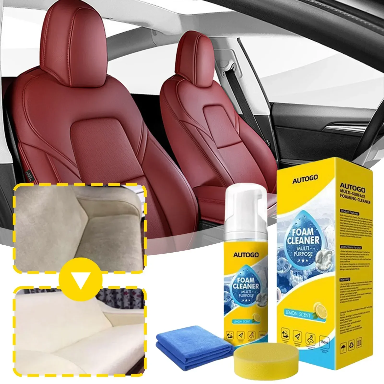 Leather Cleaner Interior - น้ำยาทำความสะอาดอเนกประสงค์แบบโฟม 150 มล. สำหรับทำความสะอาดภายในรถยนต์ พร้อมฟองน้ำ สำหรับเบาะหนัง